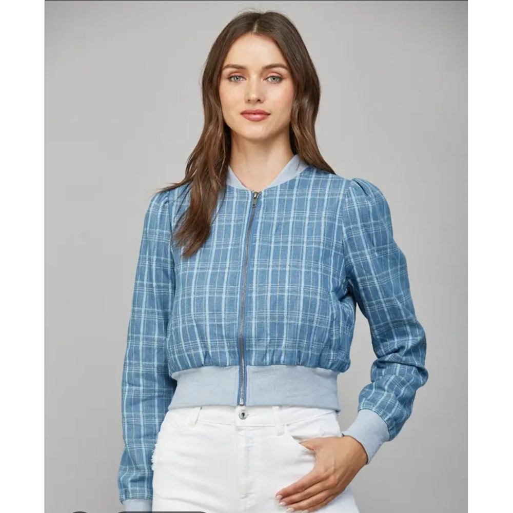 Fate Academia Y2k Blue Plaid Puff Sleeve Cropped Bomber Jacket Women Size M